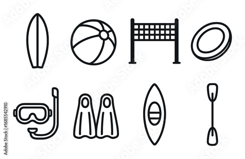 Silhouette icons of beach sports equipment on black background