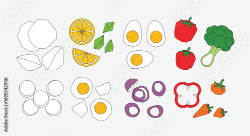 Colorful pixel art ingredients for fresh salad preparation including eggs vegetables and citrus fruits