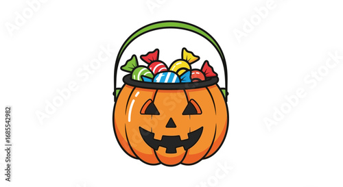 Cartoon Pumpkin Bucket Filled with Colorful Halloween Candies Illustration