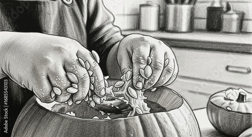Detailed Close-up of Hands Removing Pumpkin Seeds and Pulp