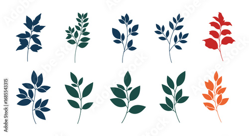 Set of elegant botanical illustrations of plant branches leaves in various earth tones