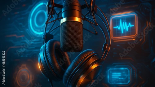 Microphone and Headphones with Digital Sound Waves and Audio Technology Interface