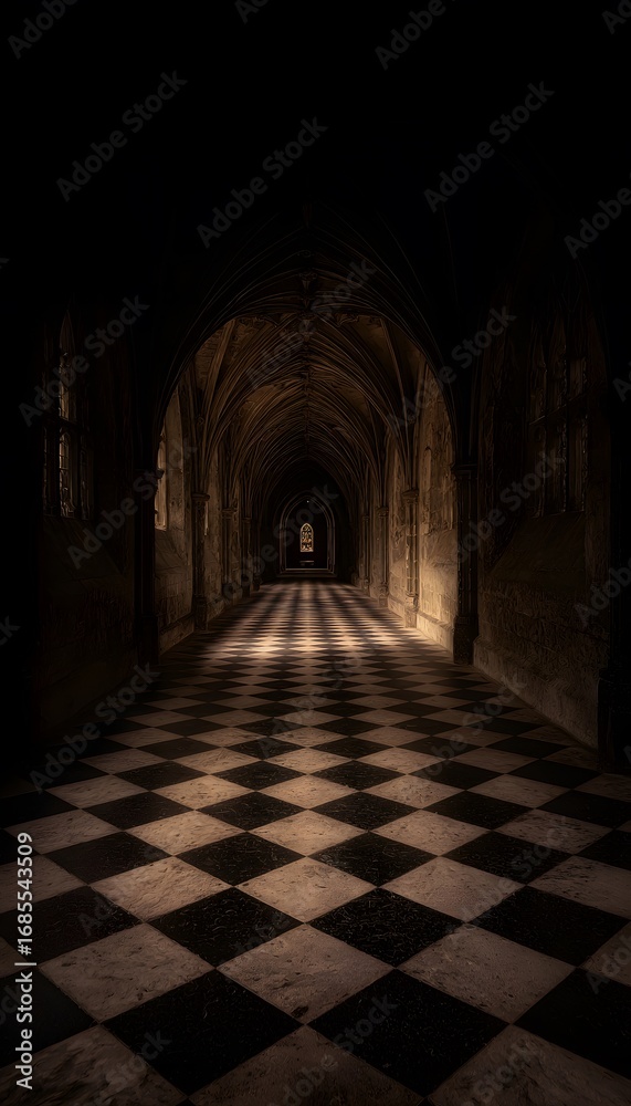 Fototapeta premium Perspective view down a gothic corridor