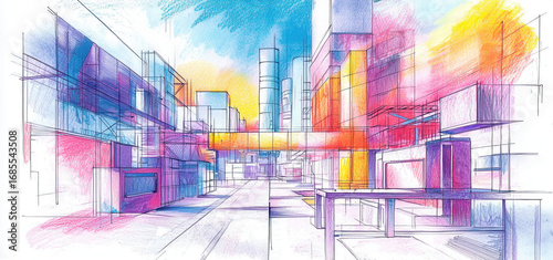 Wallpaper Mural Vibrant crayon drawing of futuristic cityscape featuring colorful buildings, abstract shapes, and dynamic lines, evoking sense of creativity Torontodigital.ca