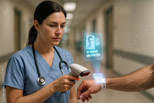 Healthcare Tech: A medical professional in a hospital setting scans patient data from a wristband, signifying modern technology within a health service.