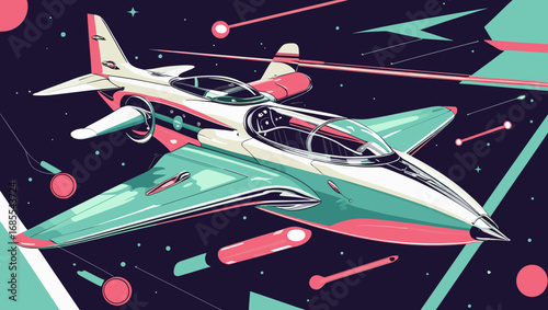 Futuristic jet aircraft design with vibrant colors in a dynamic space theme