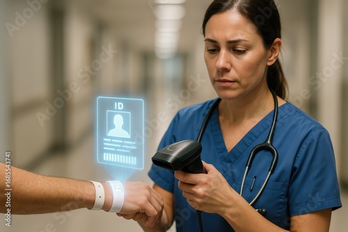 Healthcare ID Scan: A medical professional in scrubs meticulously scans an identification bracelet with a modern barcode scanner.