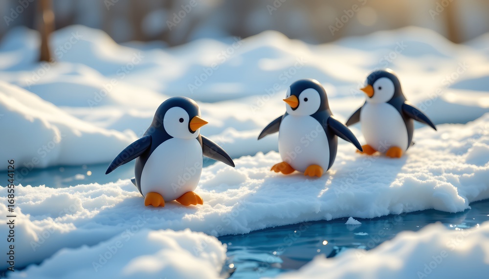 Fototapeta premium Penguin Parade in the Arctic: A charming trio of penguins waddle across the pristine ice and snow of their icy homeland, with blue water around, portraying resilience and playful nature.