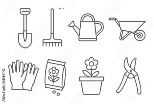Garden tools icons set: shovel, rake, watering can, wheelbarrow, gloves, seeds, flower pot, pruning shears