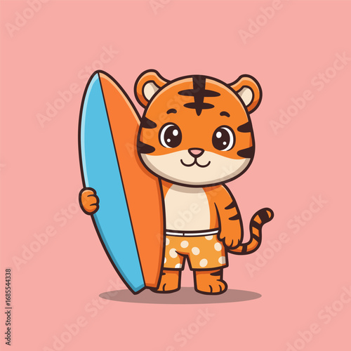 A cheerful cartoon tiger in polka-dot swim trunks poses with a vibrant surfboard against a pink backdrop, blending beach vibes with bold personality.