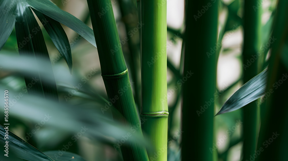 Obraz premium Vibrant Green Bamboo Close-Up on Lush Tropical Foliage
