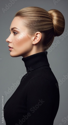 Timeless Elegance: Portrait of a woman with an elegant updo, captured in a side profile, showcasing poise and sophistication, a minimalist aesthetic that highlights natural beauty and grace.