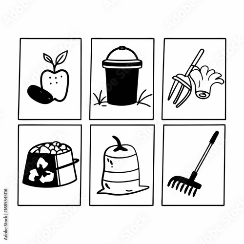 Illustration of gardening and composting tools and organic waste