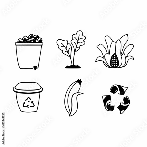 Hand drawn set of organic waste, recycling and composting