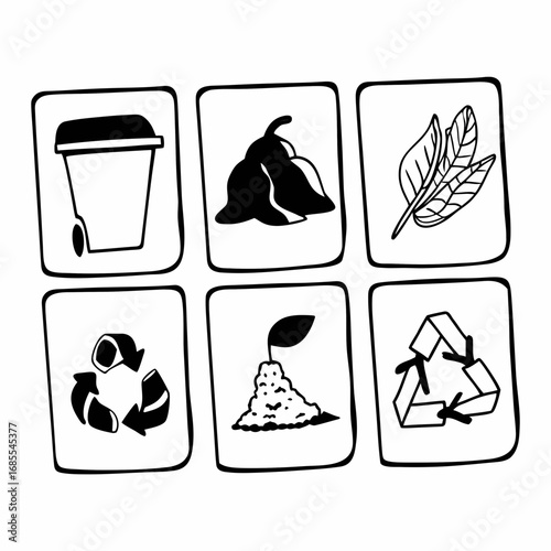 Hand drawn composting icons recycle bin, compost pile, plant, leaf