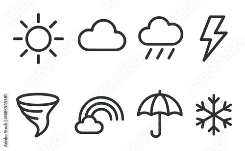 Black weather icons on dark background: sun, cloud, rain, lightning, tornado, rainbow, umbrella, snowflake