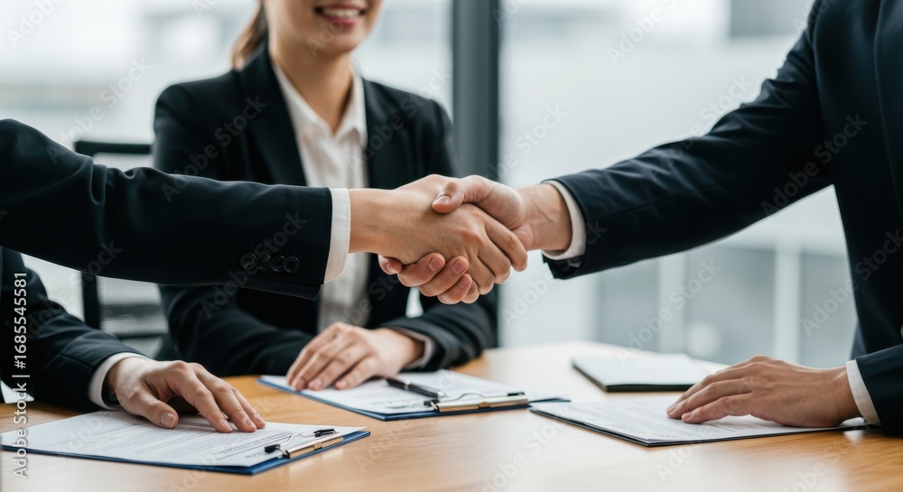 Business people shaking hands over a table with documents during a meeting in an office space Business people shaking hands over a table with documents during a meeting in an office space