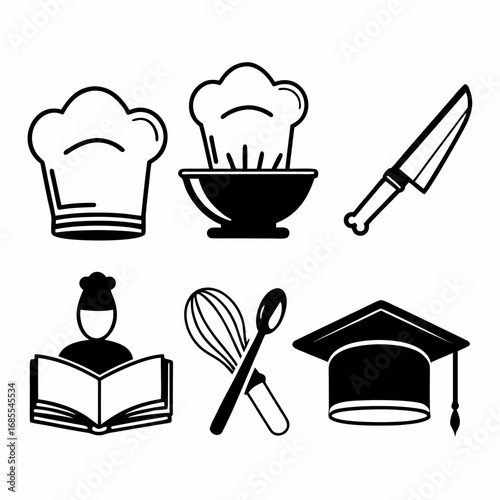 Illustration of cooking utensils, recipe book, chef hat and graduation cap