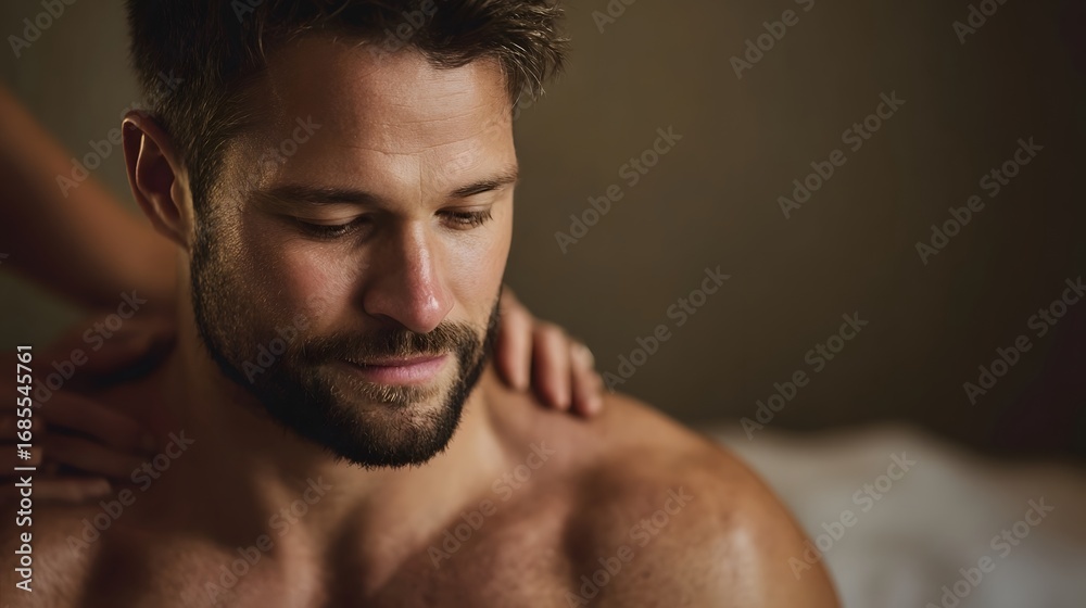 Naklejka premium A man with a beard receives a deeply relaxing shoulder massage from an unseen therapist in a tranquil spa environment highlighting comfort and