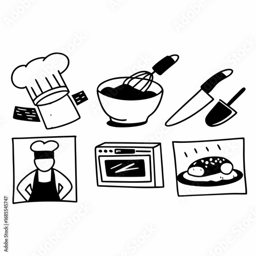 Illustration of cooking equipment and food