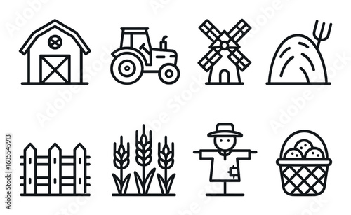 Farm icons: barn, tractor, windmill, haystack, fence, wheat, scarecrow, basket