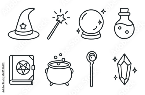 Mystical icons: hat, wand, crystal ball, potion, book, cauldron, staff, crystal