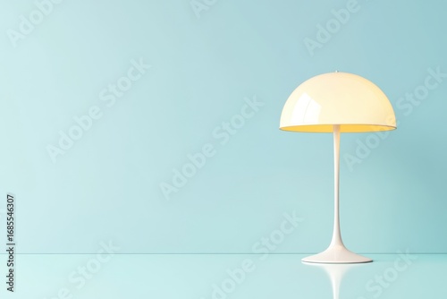 Modern minimalist table lamp with dome-shaped shade standing on sleek surface against pastel blue background brightening interior design concept