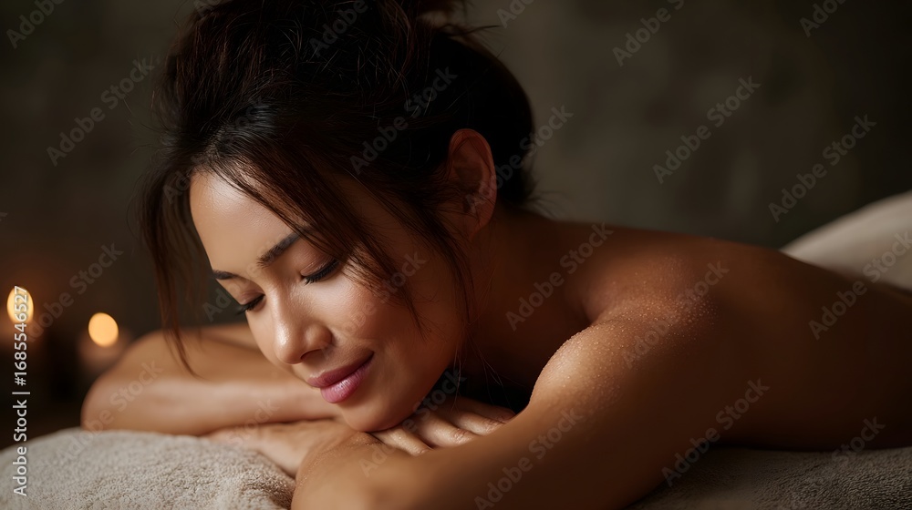 Obraz premium Serene woman with closed eyes enjoying a moment of relaxation in a softly lit spa setting with a warm candle glow