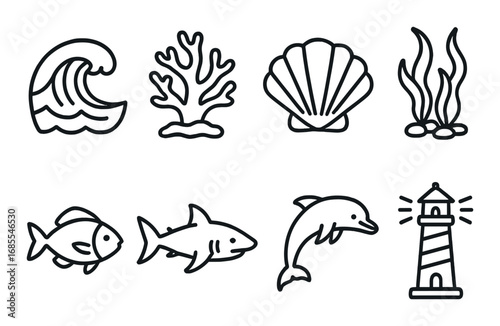 Ocean icons: wave, coral, shell, seaweed, fish, shark, dolphin, lighthouse