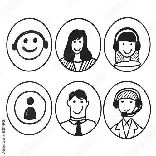 Hand drawn doodle style customer service and support team
