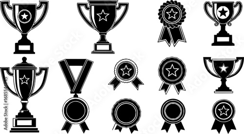 Set of winning award and prize icons, trophy reward, victory trophy signs depicting an award, victory cup achievement, winner medal - stock vector