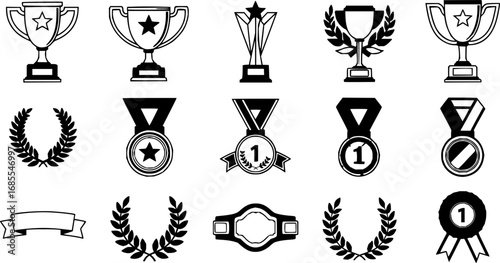 Set of winning award and prize icons, trophy reward, victory trophy signs depicting an award, victory cup achievement, winner medal - stock vector
