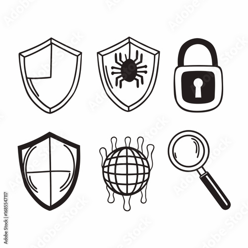 Illustration of security icons including shield, spider, padlock, magnifier, globe