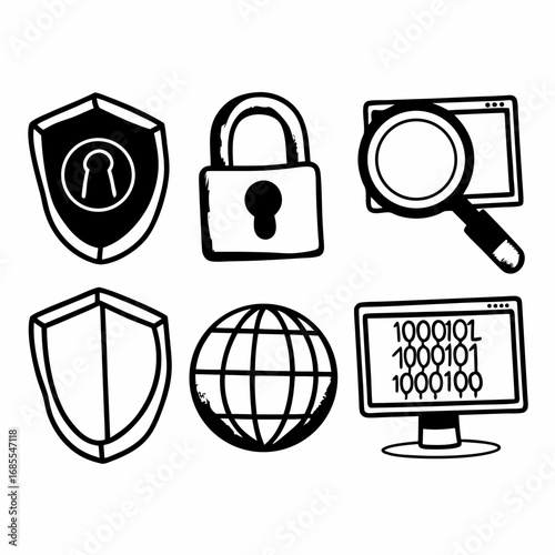 Illustration of security icons including shield, padlock, magnifier, computer