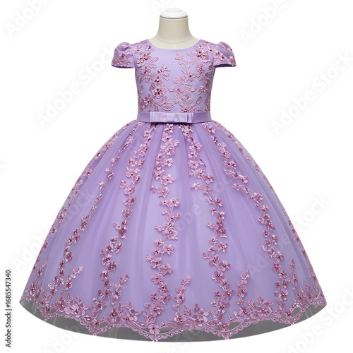 a child s purple dress with floral embroidery on transparent background