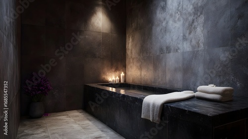 A luxurious and serene spa bathroom with a dark stone bathtub lit candles purple flowers and soft folded towels creating a tranquil atmosphere