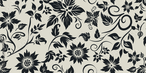 A monochromatic floral pattern featuring stylized dark flowers and leaves on a light beige background. floral damask pattern.Motifs Ikat floral embroidery.Ethnic oriental pattern traditional.