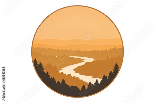 Serene Landscape A Misty Dawn Over a Winding River Flowing Through Dense Forests within a Circular Frame