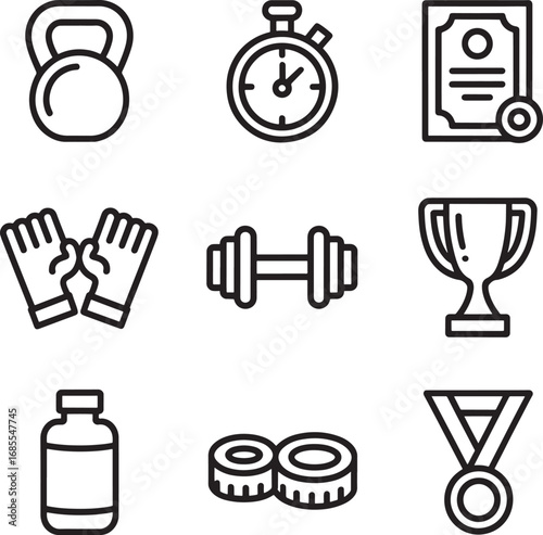 Fitness icons including kettlebell dumbbell stopwatch trophy and weights exercise workout