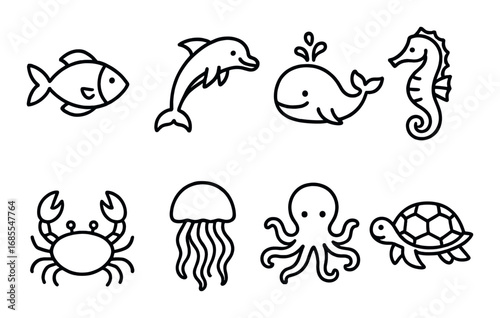 Collection of marine animal icons featuring fish, dolphin, whale, seahorse, crab, jellyfish, octopus, turtle