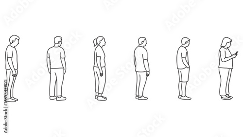 People standing in line outline drawing set with human figure silhouettes
