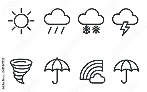 Weather symbols set: sun, rain, snow, storm, tornado, umbrella, rainbow icons