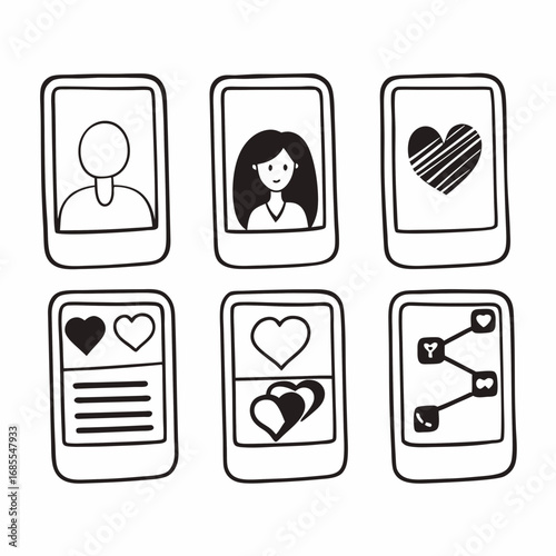 Smartphones showing social media posts with hearts and profiles