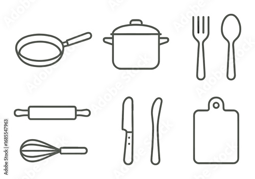 Kitchen utensils outline: frying pan, pot, cutlery, whisk, rolling pin, knife, cutting board