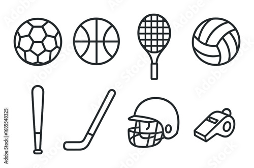 Collection of sports equipment icons: soccer, basketball, tennis, volleyball, baseball, hockey, cricket, whistle