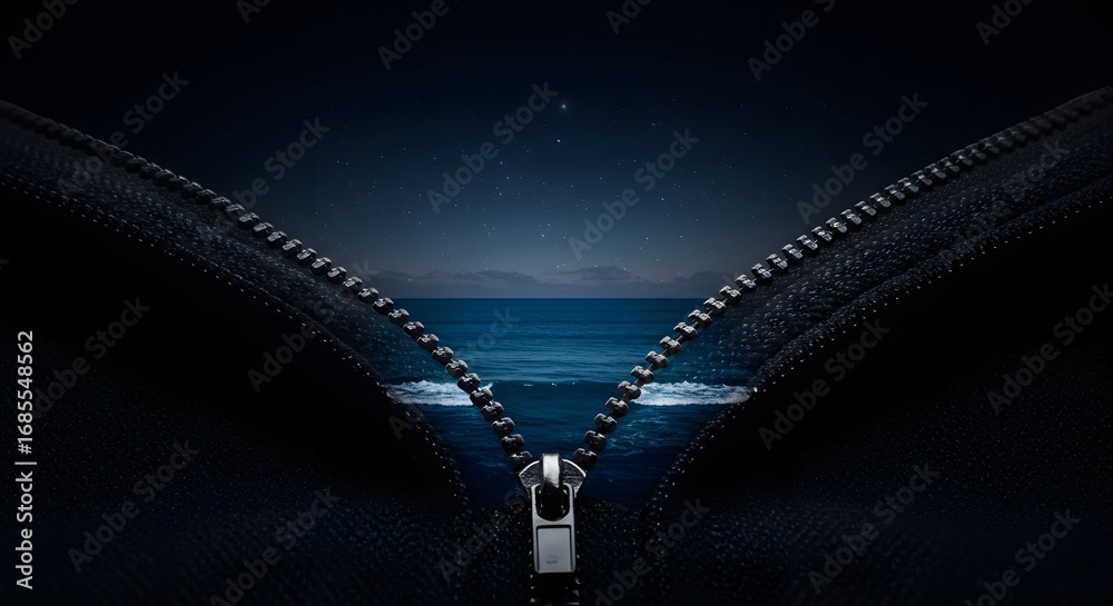 Naklejka premium A zipper of crashing shorelines opens to reveal a star-filled ocean, a surreal metaphor for discovering a hidden universe, a portal to the subconscious, and a world of deep serenity