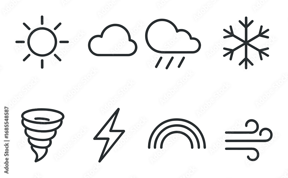 Fototapeta premium Weather icons: sun, cloud, rain, snowflake, tornado, lightning, rainbow, wind