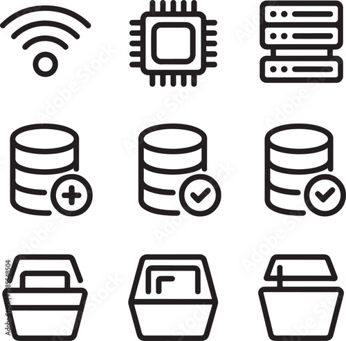 Technology icons including Wi Fi CPU server database and shopping cart computer network