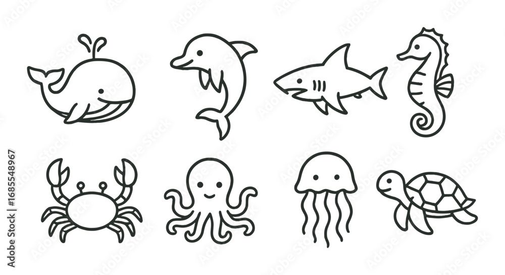 Cute cartoon sea creatures: whale, dolphin, shark, seahorse, crab, octopus, jellyfish, turtle Cute cartoon sea creatures: whale, dolphin, shark, seahorse, crab, octopus, jellyfish, turtle