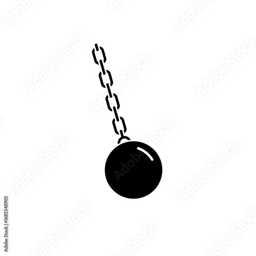 Black solid wrecking ball hanging from a chain, showing motion and strength in industrial demolition.